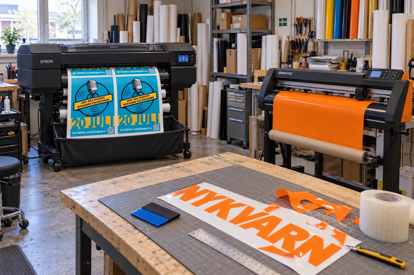 Illustration av print, folieskärning och arbete med skuren vinyl
