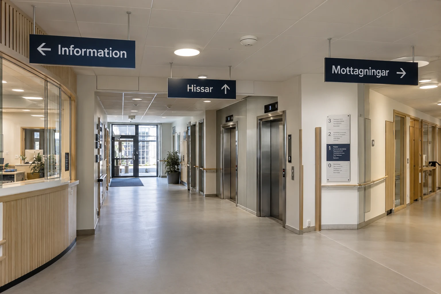 Illustrerad sjukhusmiljö med tydlig hänvisning till information, hissar och mottagningar